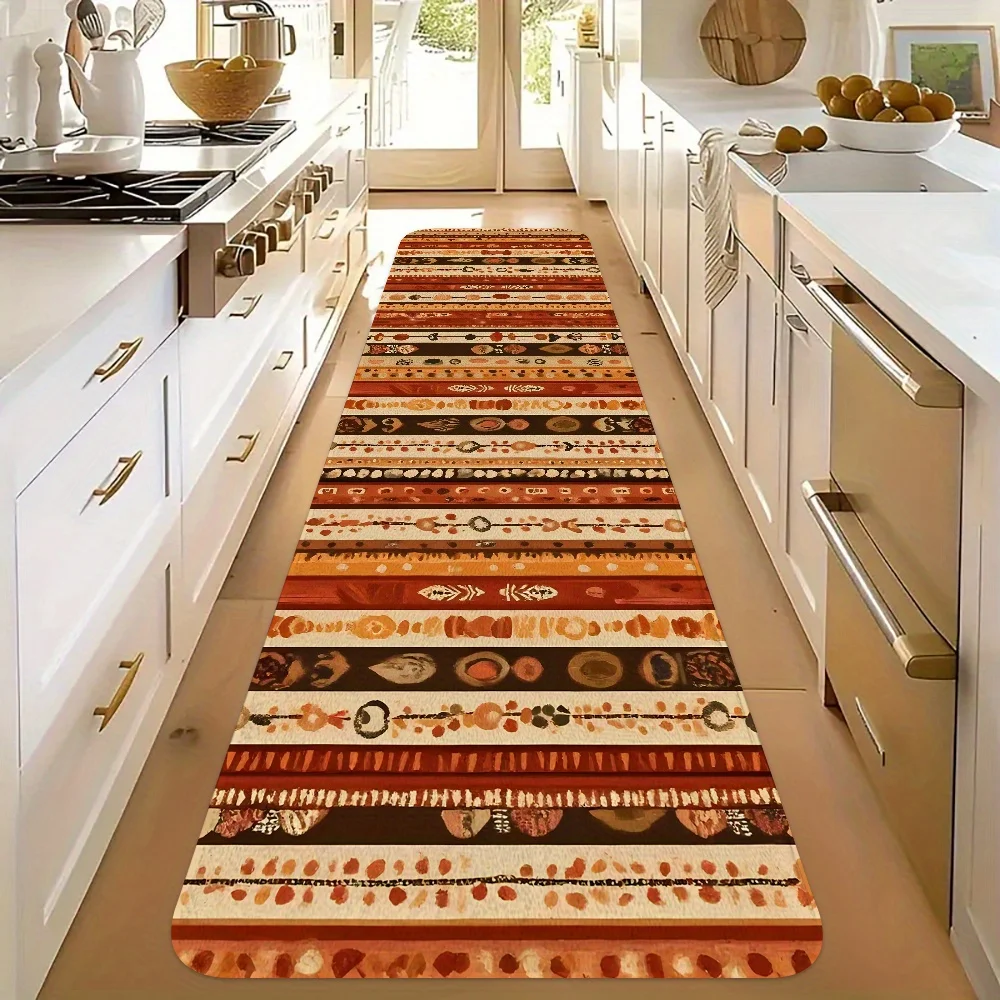 Bohemian Tribal Striped Kitchen Bath Mat,Non-Slip Soft Absorbent Long Floor Rug with Earthy Tone Geometric Print for Rustic Home
