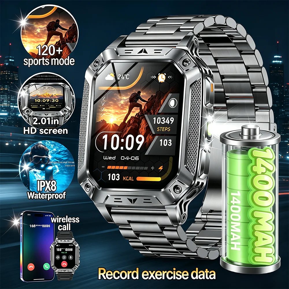 

Новые смарт-часы 2026 года с аккумулятором 1400 мАч, GPS, фонариком, водонепроницаемостью 10ATM, Bluetooth-звонками, AMOLED HD-дисплеем для мужчин, для активного отдыха и спорта