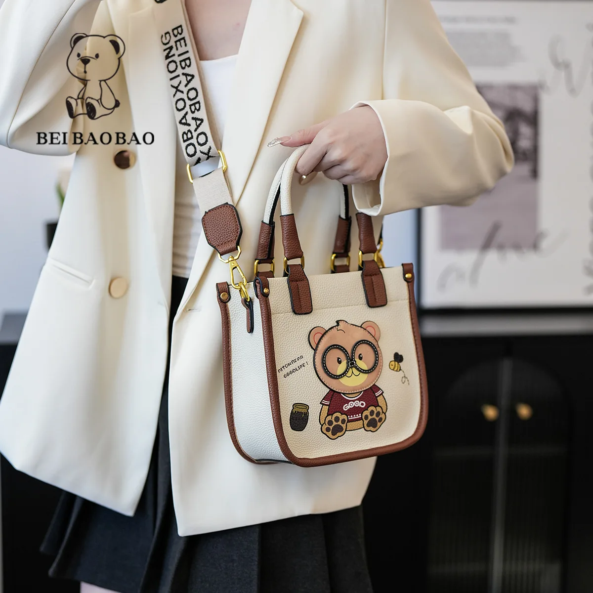 Beibaobao 2024 new trendy shoulder bag with contrasting colors, niche design, cartoon teddy bear bag, women\'s crossbody tote bag