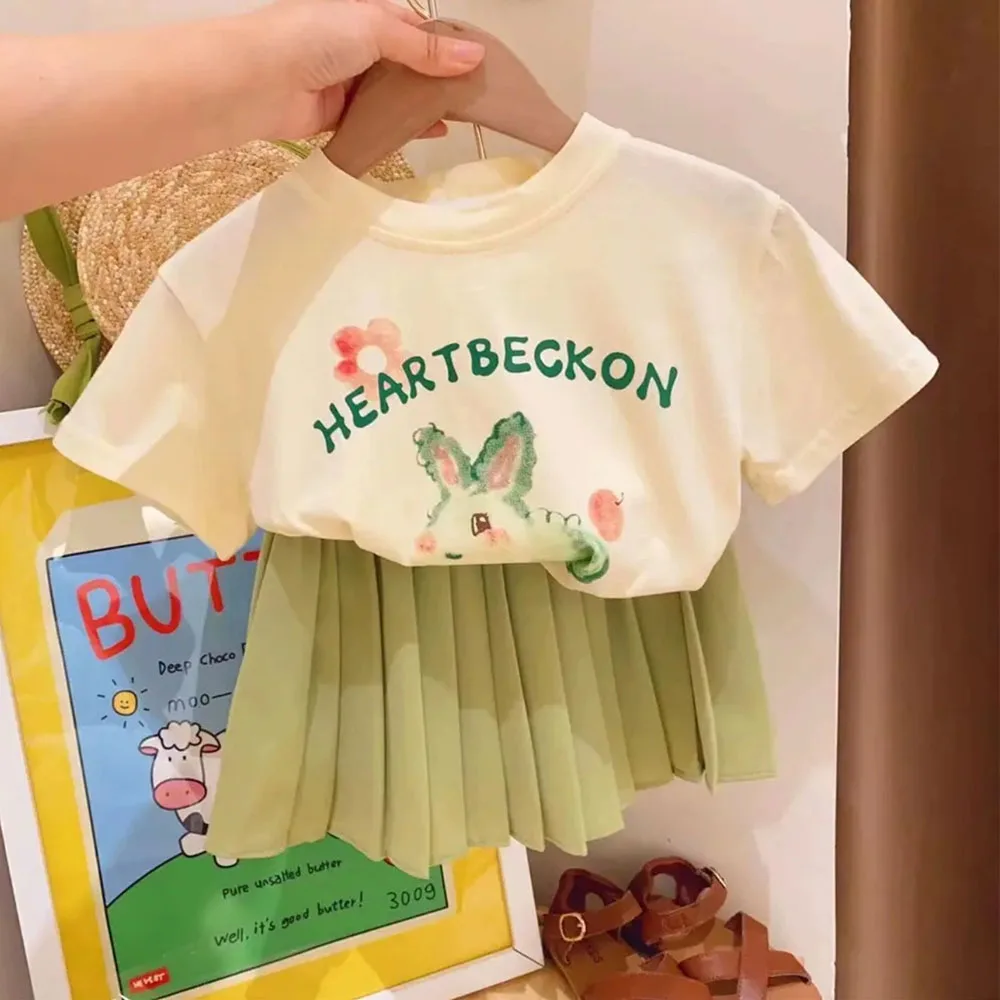 Cartoon Rabbit T-shirts Baby Girls Clothes Sets Summer Cute Short Sleeve Kids Girl T-shirt+Pleated Skirts 2Pcs Children Suits