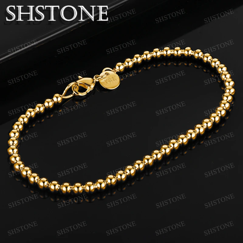 SHSTONE 18K Gold 4mm Beads Chain Bracelets For Woman Fashion Classics Jewelry Lady Party Engagement Wedding Birthday Fine Gifts