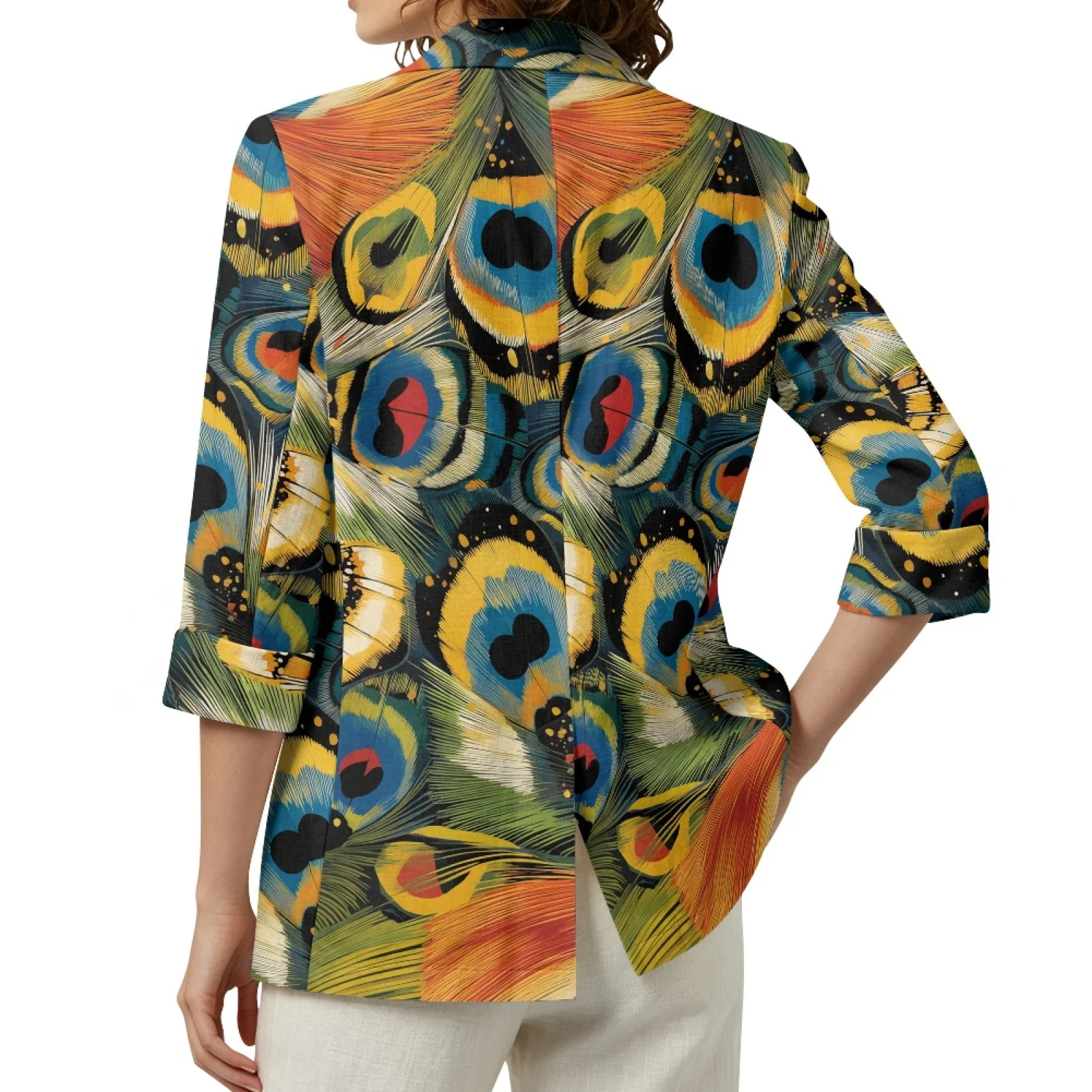 PENSTROLL Fashionable Linen Style Fall Outerwear Casual Layering Top for Vacation Peacock Feather