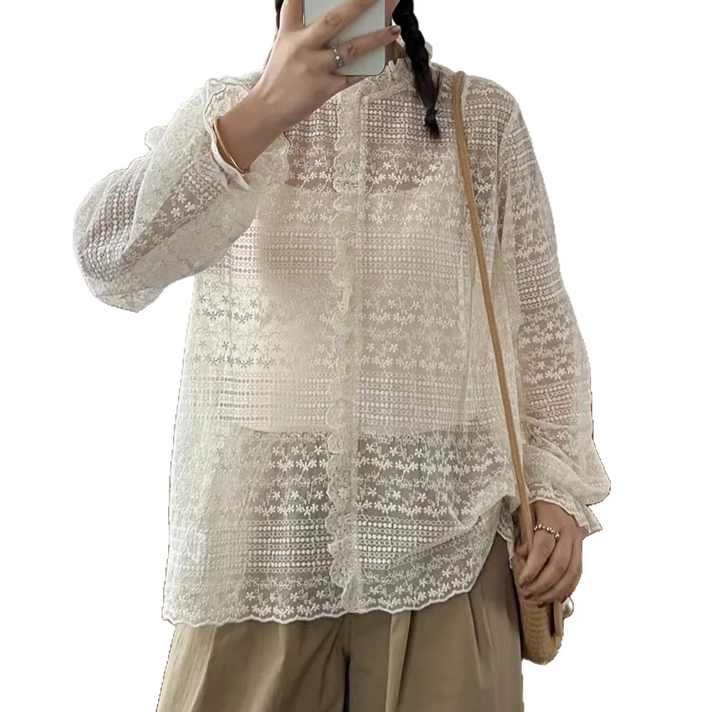 고품질 여성용 100% 면 레이스 블라우스 셔츠 데일리 싱글 레이스 속이 비치는 새틴 새 패션 셔츠 블라우스