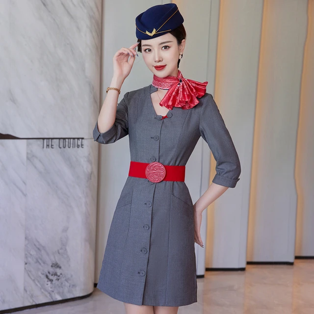 Air hostess uniforme e cappello di alta qualita moda estiva abito manica a tre quarti abito assistente di volo intervista abiti da lavoro
