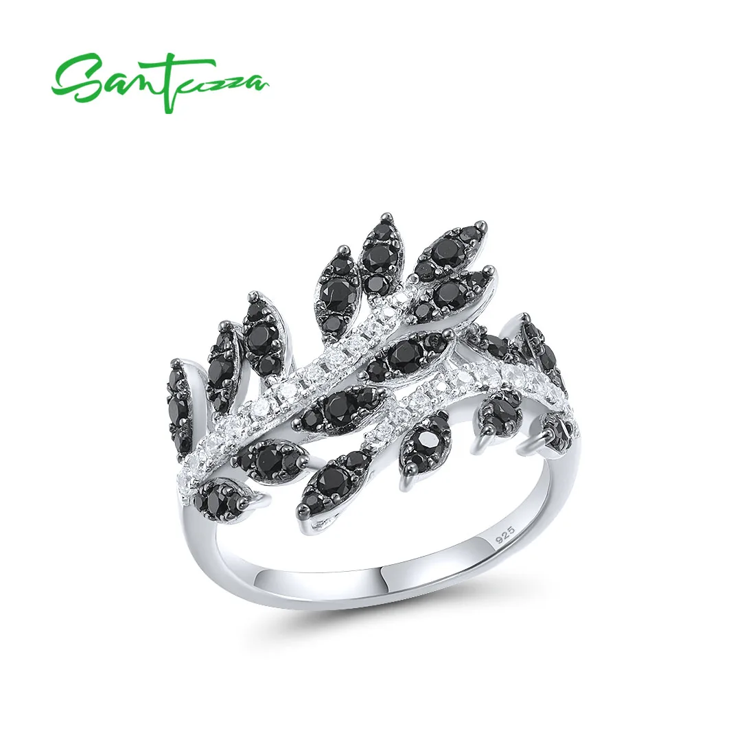 

SANTUZZA Silver Ring For Women 925 Sterling Silver Fashion Rings Black Spinel White Cubic Zirconia Plant Party Delicate Jewelry