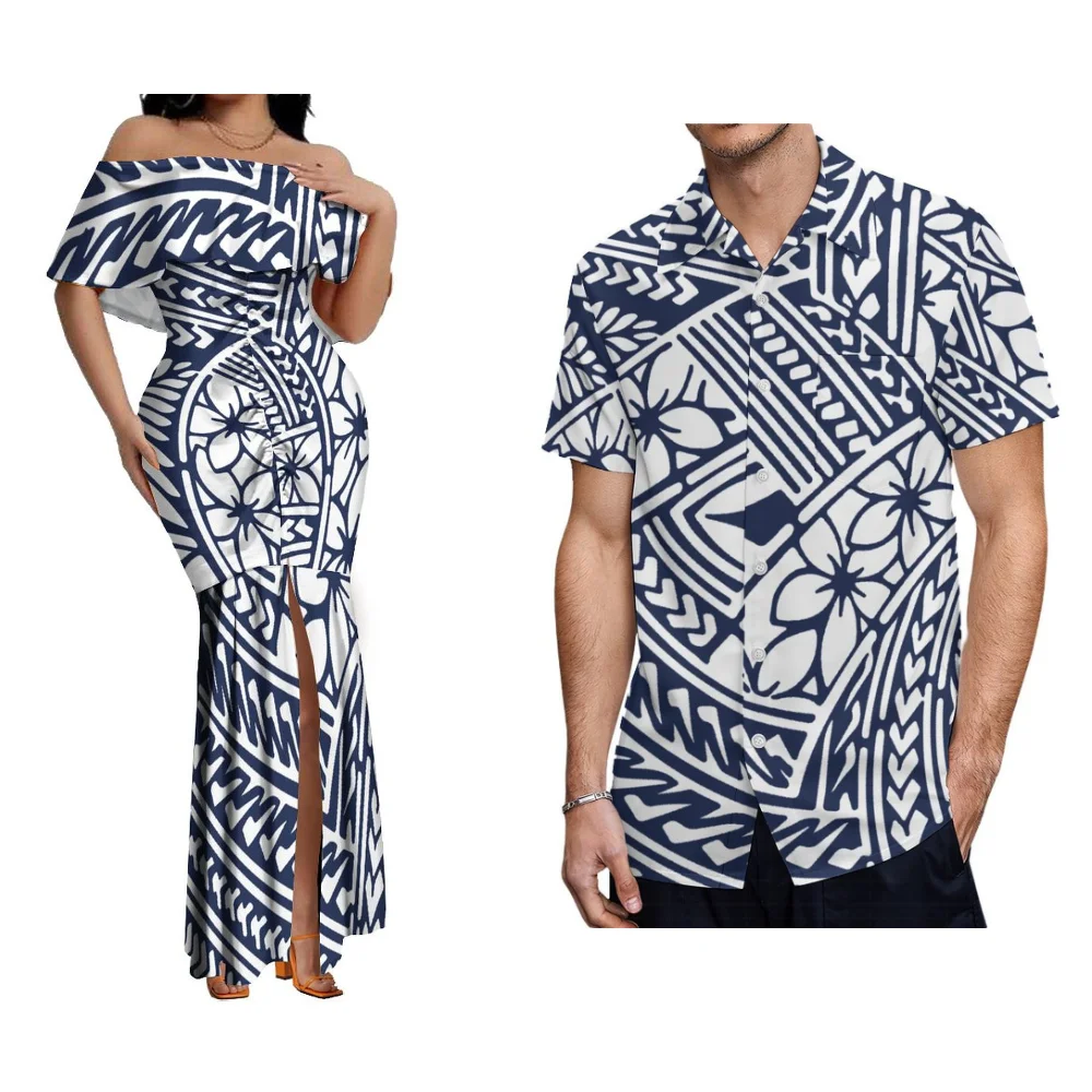 Conjunto de ropa con estampado de arte polinesiano para mujer, vestido de un hombro con estampado Floral Hawaiano, camisa para hombre, ocasión Formal, conjunto de parejas de samoana