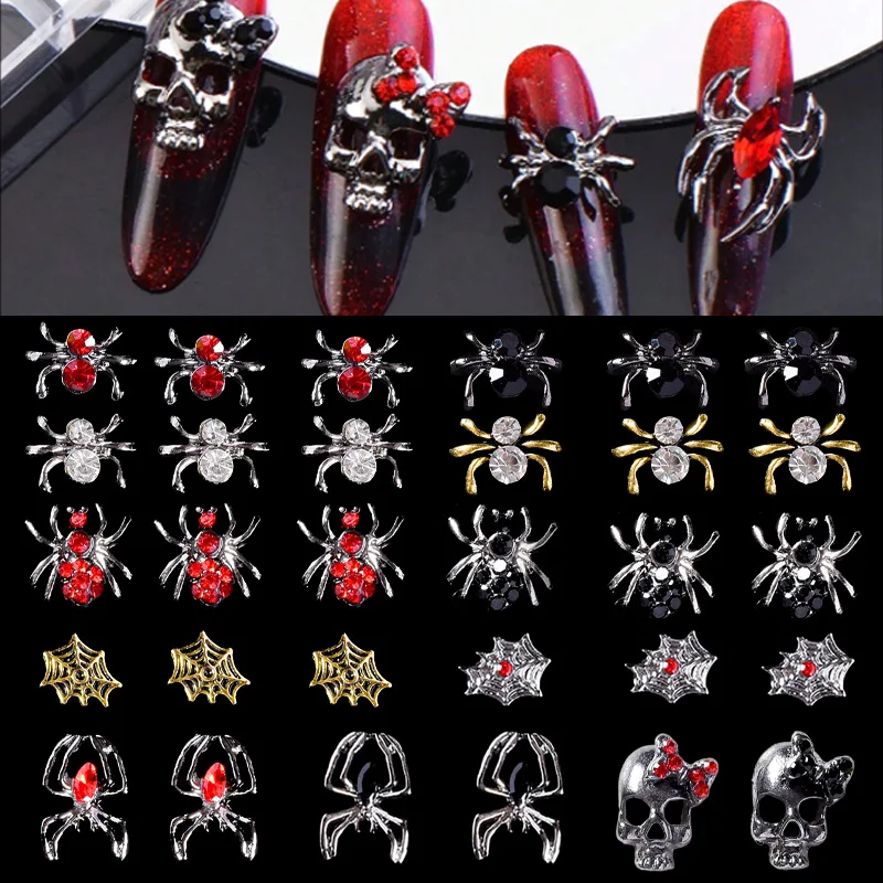 3D-Halloween-Spinnen-Nagelkunst-Charms – schwarze Metalllegierung, gotische rote Edelsteine, Strasssteine und Kristalle für Damen-Nagelkunst-Dekoration