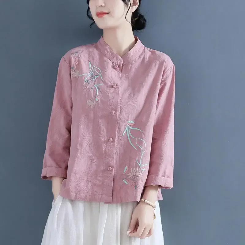 

Spring Summer Women Vintage Embroidery Cotton Linen Shirt Fashion Stand Collar Blouse Female Casual Long Sleeve Loose Tops W827