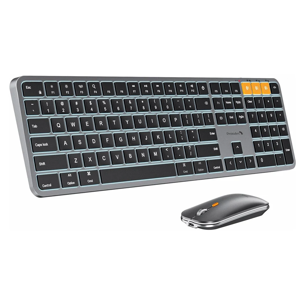 ProtoArc Backlit BT Keyboard and Mouse for Moc KM100-A Multi-Device Rechargeable Full Size Wireless Keyboard Mouse for OS
