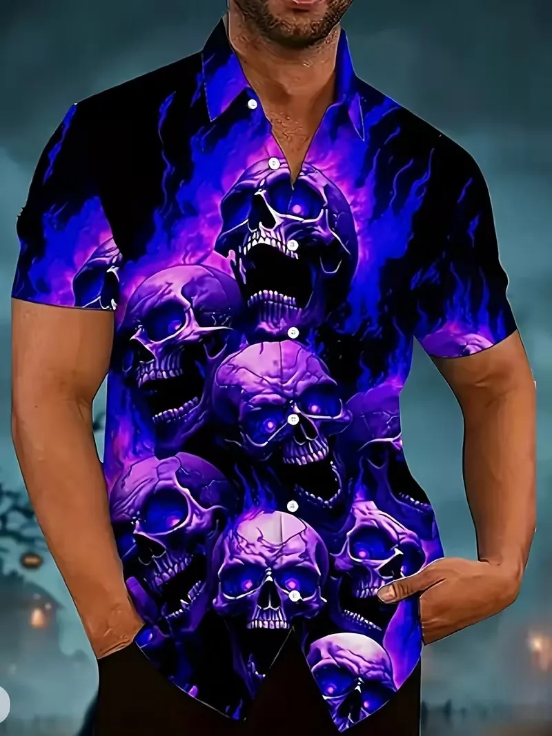 

2025 г., рубашка со скелетом на Хэллоуин, модная мужская рубашка на пуговицах, свободные гавайские рубашки большого размера, блузка с отложным воротником
