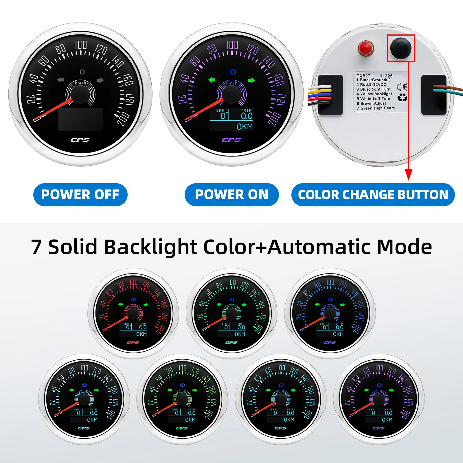 85 MM GPS Tacho 7 Farbe Hintergrundbeleuchtung Geschwindigkeit Gauge Mit GPS Antenne Für Motorrad Marine Boot Auto Lkw Geschwindigkeit Meter12V 24V – Detail 3