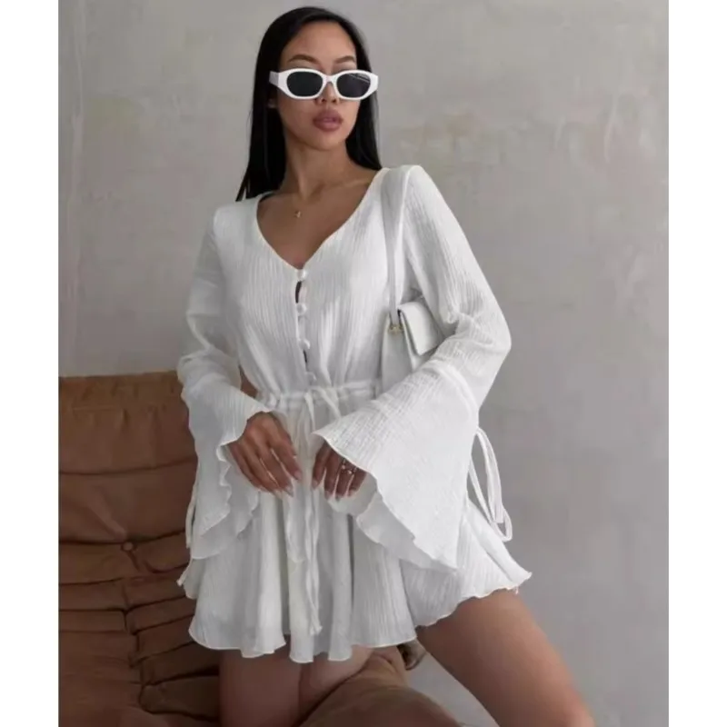 Women's Butter Yellow A-line Slim Shorts Jumpsuits Chic Long Flare Sleeve Drawstring Tie High Waist Outfits Lady Chic Streetwear