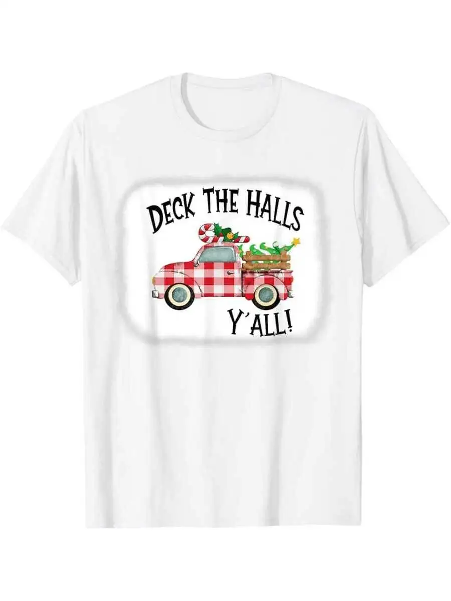 Men's Funny Decoration & Y'all Graphic - 180Gsm Heavyweight Bleached White T-Shirt With Elf Truck Design, 100% Cotton Trendy Y2K