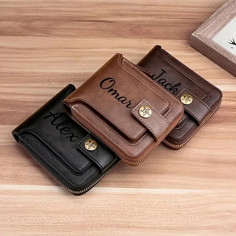 Custom Name Men's Wallet Gift Stylish Brown Faux Leather Engraved Purse Personalized Decorative Durable Card Holder Coin Pocket