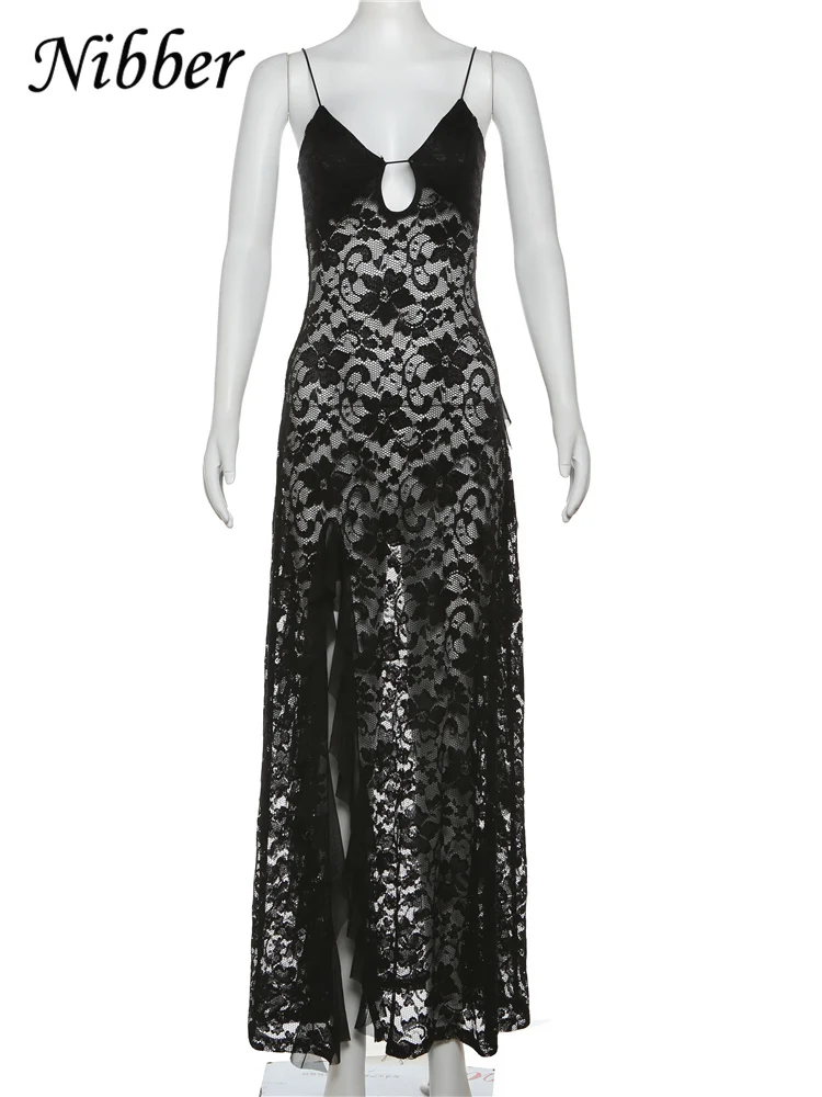 Nibber Sexy See Through Lace Sleeveless Long Dress Women Patchwork Summer Backless V-neck Side Slit Party Evening Maxi Vestidos