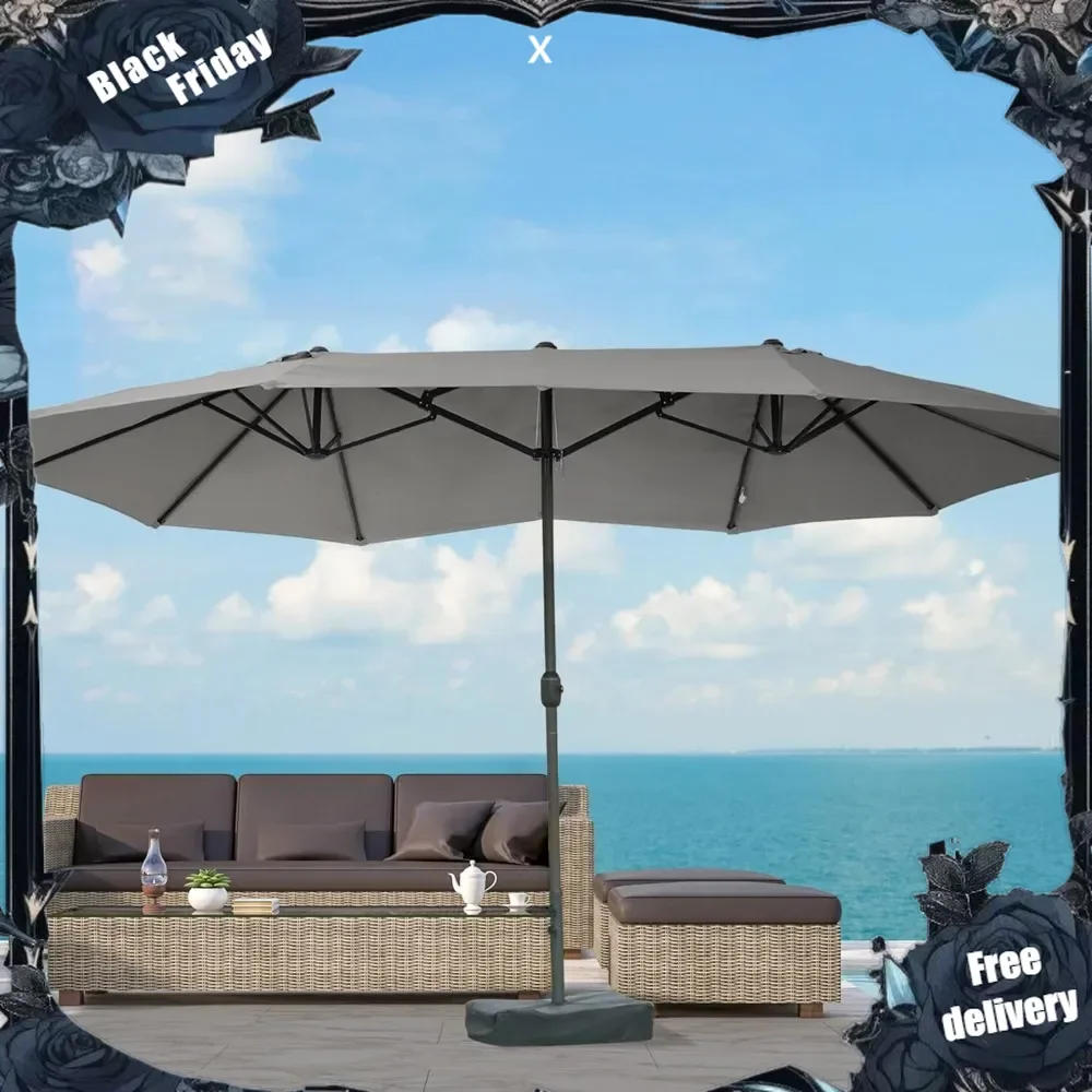 Patio Umbrella 15' Steel Rectangular Outdoor Double Sided Market with base, Sun Protection & Easy Crank for Deck Pool Patio