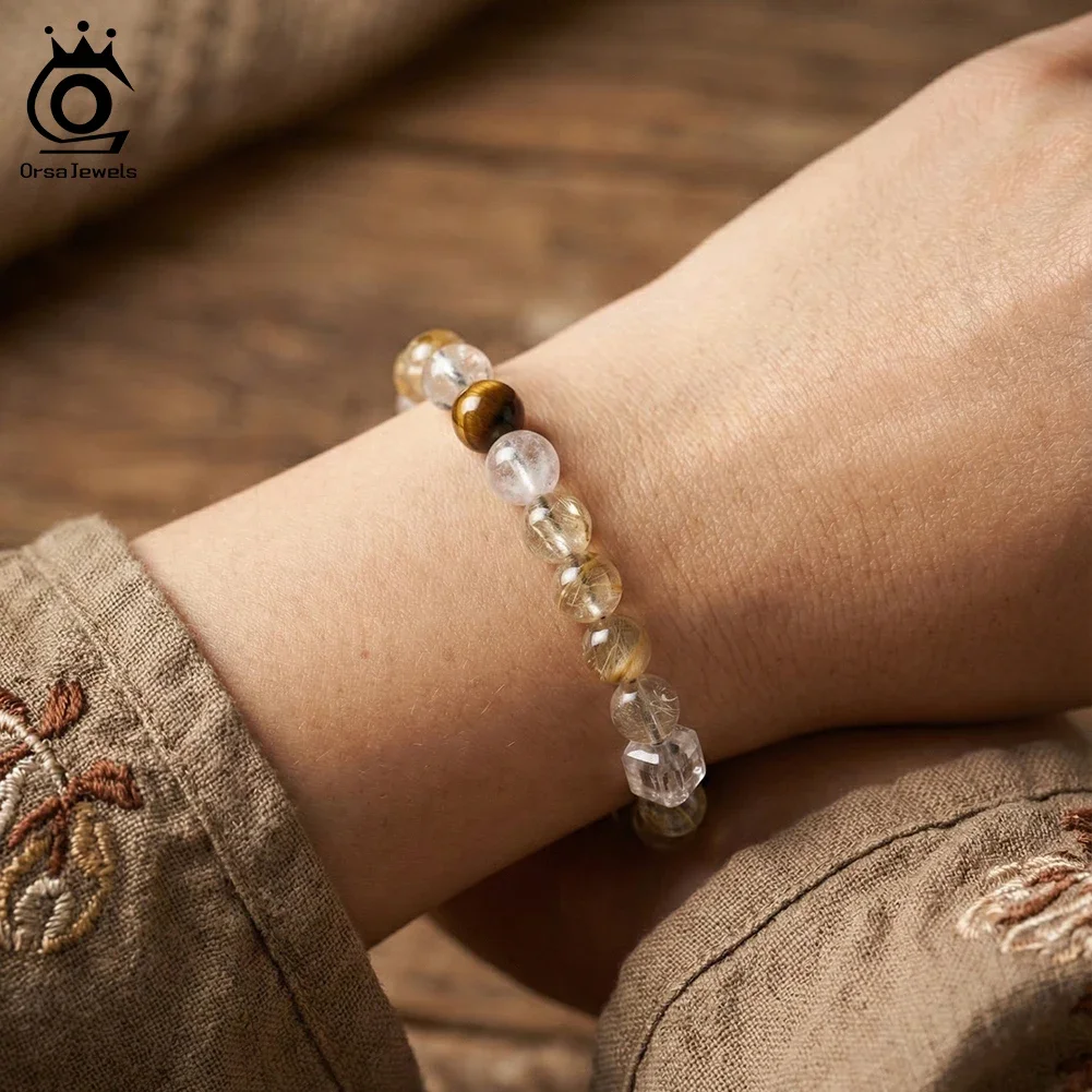 ORSA JEWELS Natural Opal & Crystal Stretch Bracelet for Women Dainty Adjustale Bracelet Energy Healing Accessories Gift GMB90