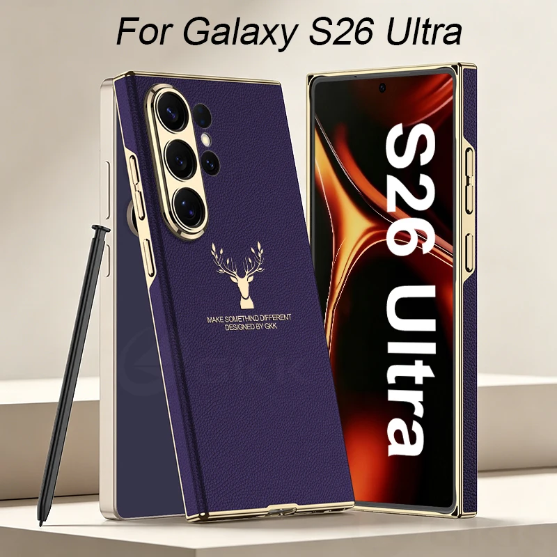

Luxury Elk Pattern Plating Case For Samsung Galaxy S26 Ultra Curved Leather All-included Edge Cover For Galaxy S26 Ultra Case