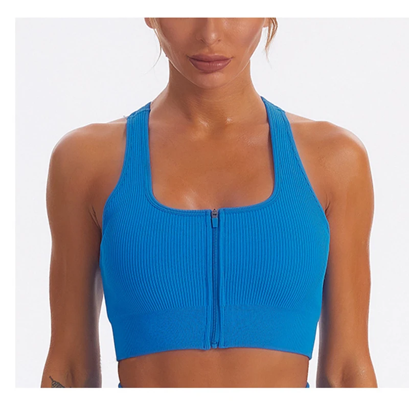 Sujetador deportivo de Top con cremallera corta para mujer, ropa deportiva para Fitness, gimnasio, correr, Push Up, Yoga, entrenamiento