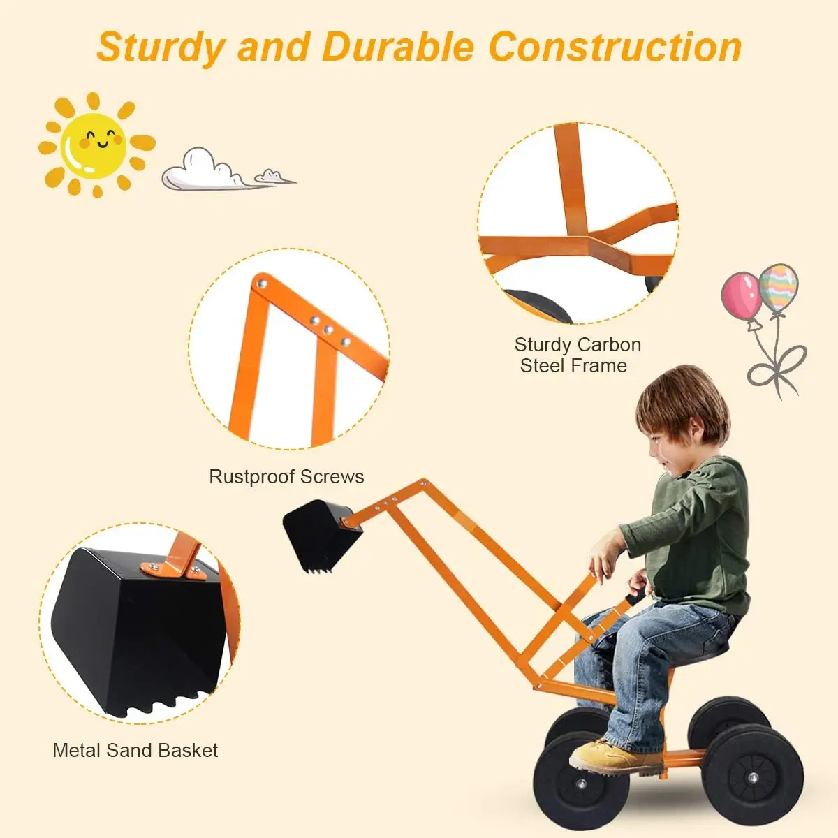Sandbox Digger com assento e alça para crianças, Metal sentar na areia, brinquedo para quintal, 4 WD