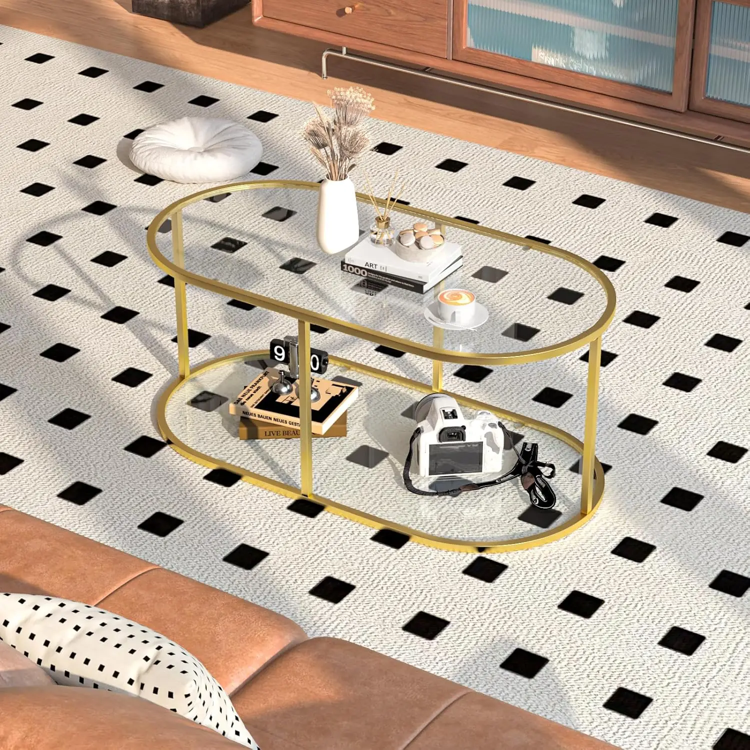 Coffee Table Gold Glass Coffee Table For Living Room,2 Tiers Oval Center Table With Sturdy Metal Frame,Modern Tempered Glass