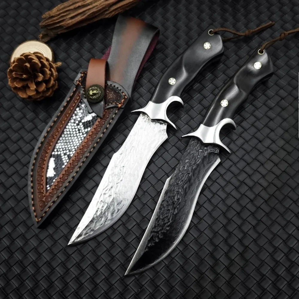 High Hardness  Damascus Blade Ebony Handle Fixed Blade Pocket Knife EDC Outdoor Field Survival Tool Camping Knives with Gift Box
