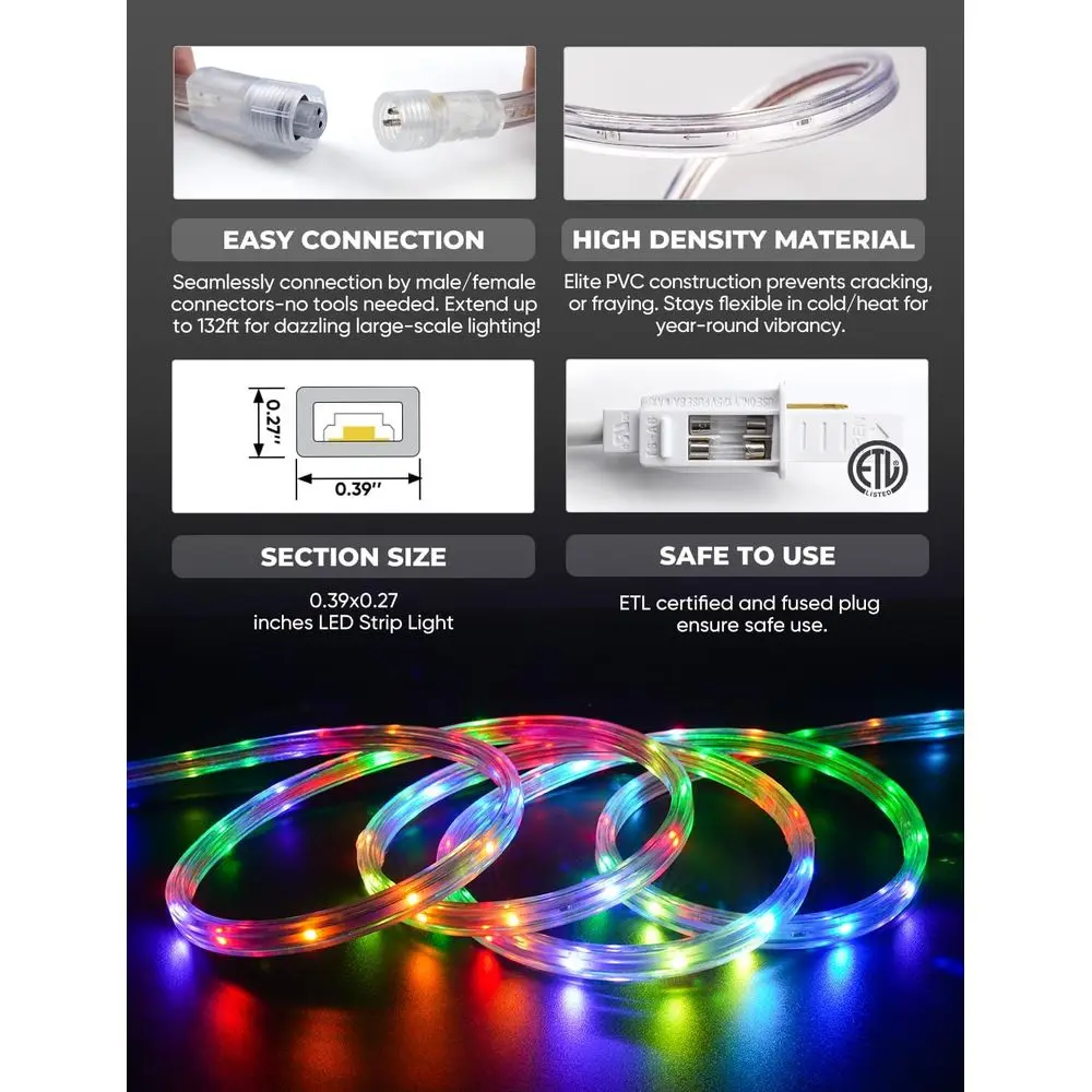 شريط أضواء LED مقاوم للماء بطول 33 قدمًا RGB+IC+CCT، مطاردة الألوان الخارجية للمهرجانات، IP65 قابل للتعتيم، مناسب لعيد الميلاد والهالوين