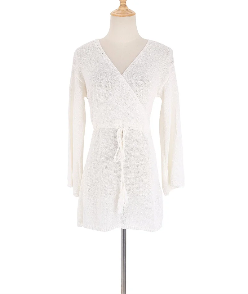 Summer Long Sleeve Deep V Neck Crochet Bikini Cover up Sexy See-through Beach Dress Women's Swimwear Sunscreen Tunic