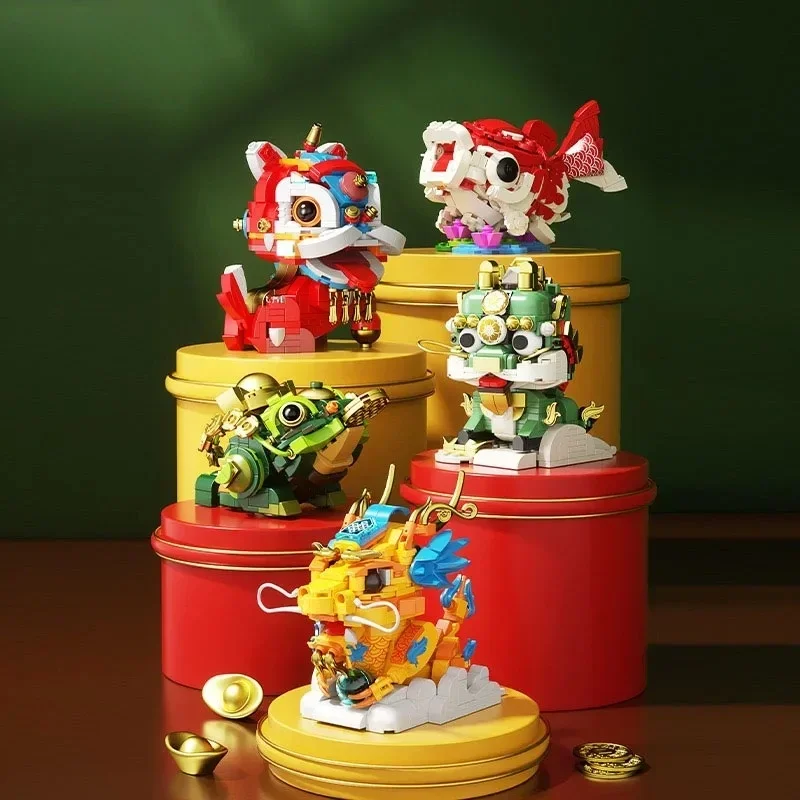 幸運の動物パズル 積み木セット かわいいライオン ドラゴン イモムシ マイクロブロック 装飾 コレクタブルおもちゃ ホームオフィス用ギフト
