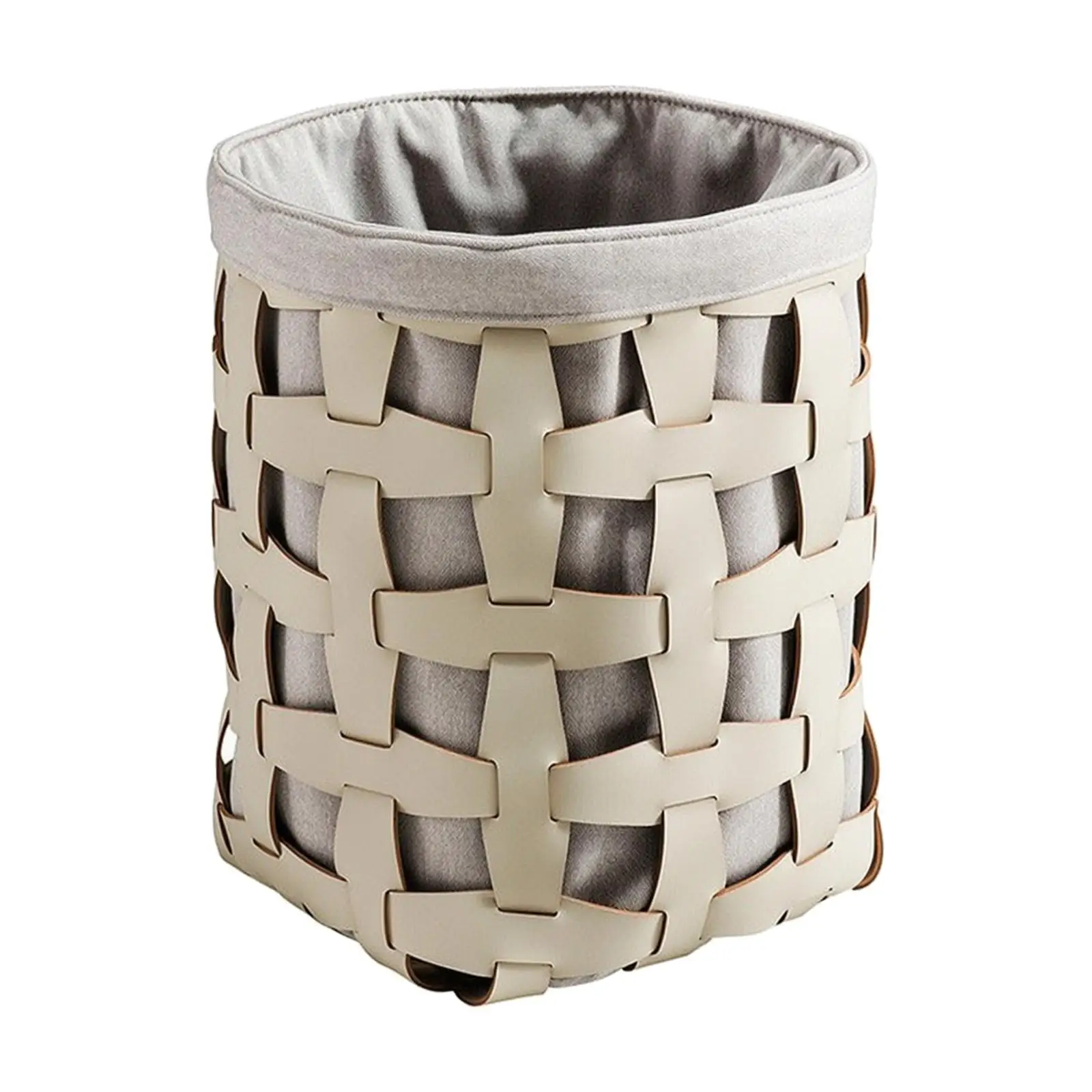 White Laundry Basket with Leather Woven Texture Linen Lining Tall Cylinder Storage Hamper for Bedroom Bathroom Organization