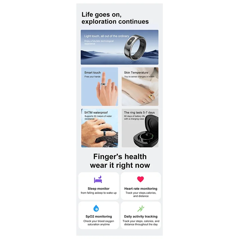 CABE-R08 Waterproof Smart Ring Unisex, Health Monitor With Touch Function, Smart Ring With Skin Temperature Measurement