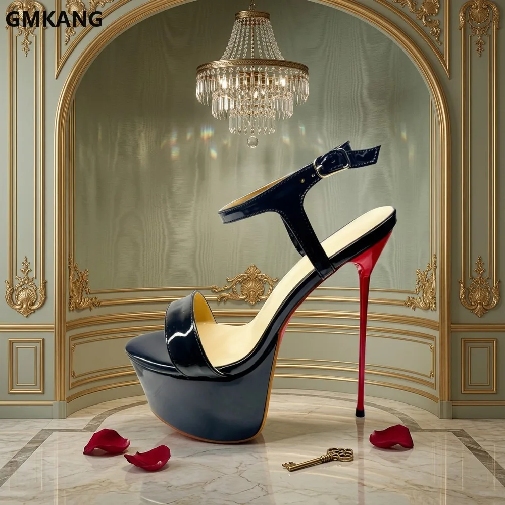 

GMKANG Patent Leather Platform Sandals Round Toe Super High Heel One Word Buckle Summer Banquet Shoes Large Size Women Dress