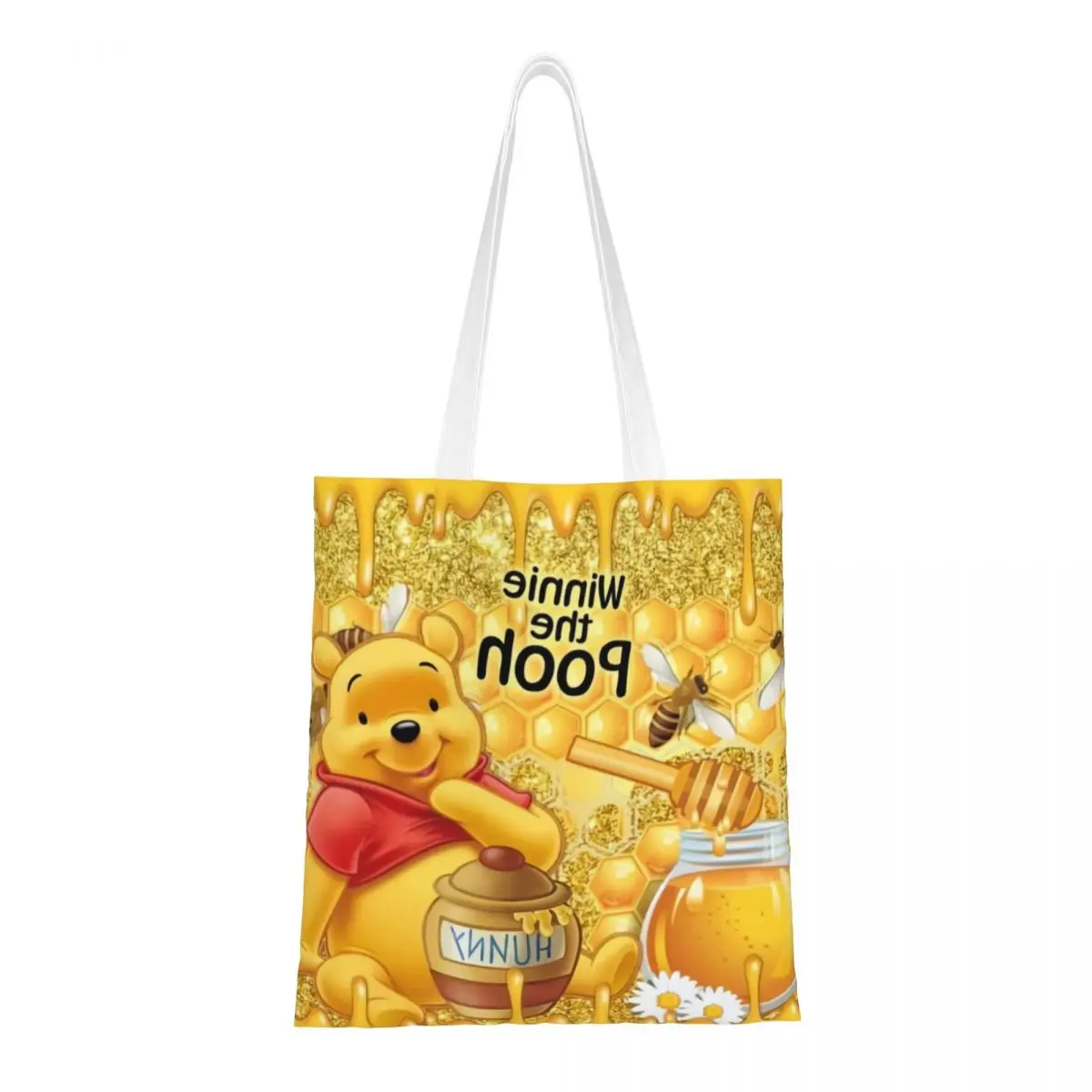 Custom Recycling Funny Cartoon Winnie The Pooh Shopping Bag Women Shoulder Canvas Tote Bag Washable Groceries Shopper Bags