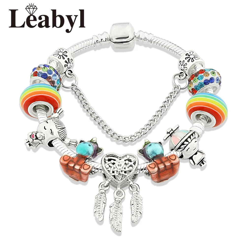 

Colorful Rainbow Unicorn Boy Girl DIY Charm Bracelet Silver Color Heart Dream Catcher Beads Jewelry
