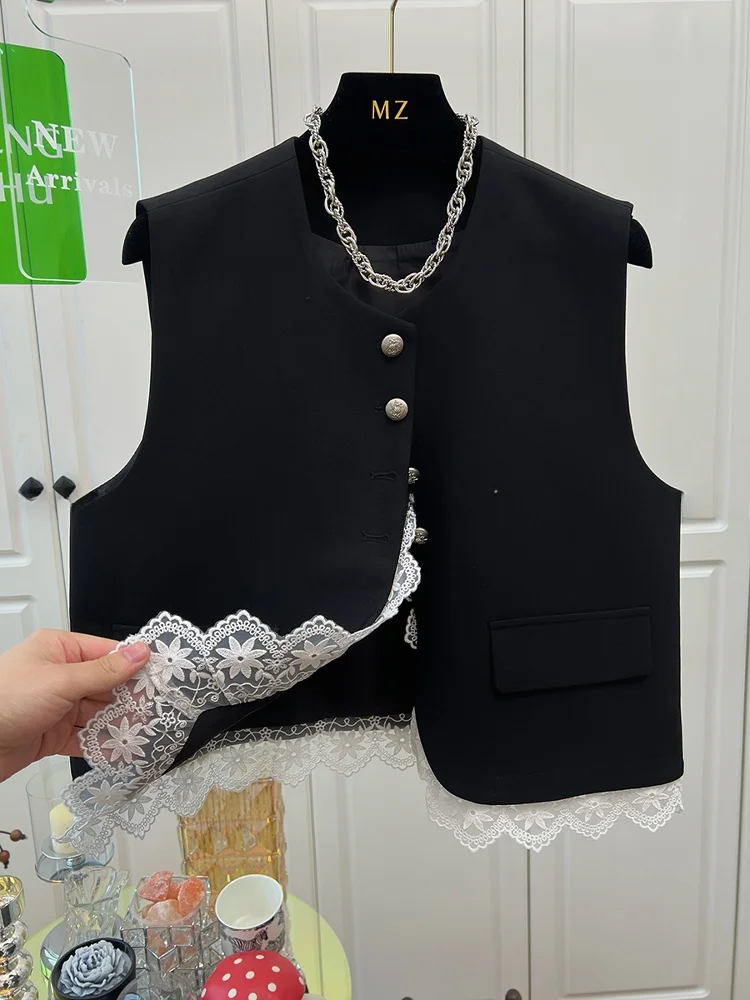 

Ele Lace Patchwork Fake Two-Piece Suit Vest Women's Outerwear round Ne ort Length Single Button Commute Sle Jaet