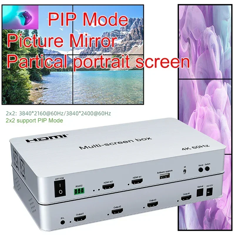 

4K60Hz 2x2 Многоэкранная коробка для сращивания 1x2 1x3 1x4 ТВ Сварщик HDMI Контроллер видеостены Процессор Зеркало с изображением PIP Безель Регулировка