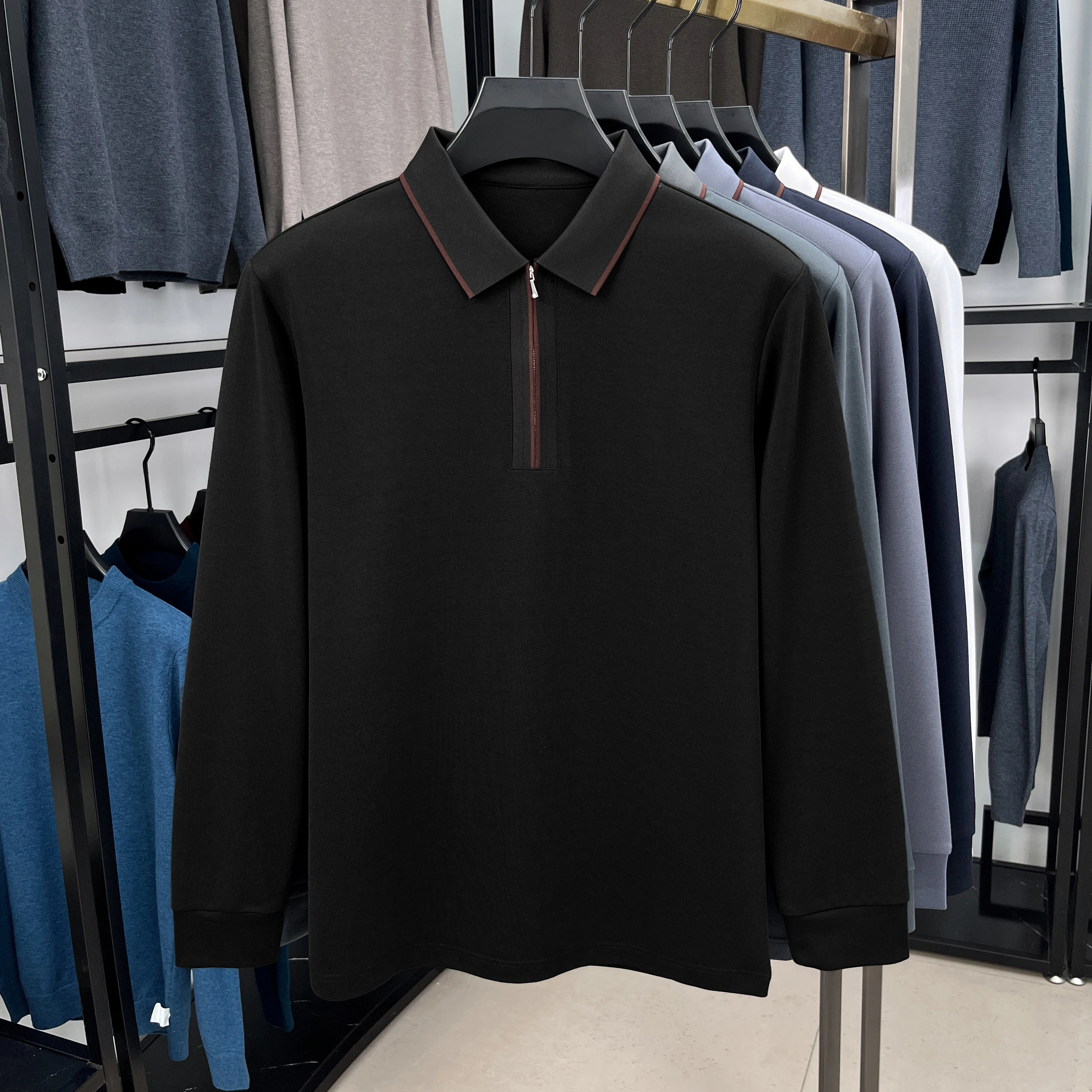 High quality fashion long sleeve men\'s polo shirt autumn half zipper striped high-end design golf top business casual T-shirt