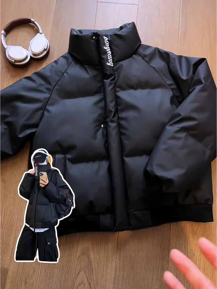 

Japanese Sle Thiened Winter Puffer Jaet Men's Stand Collar Embroidered PU Leather Cotton Coat Windproof Bread Sle