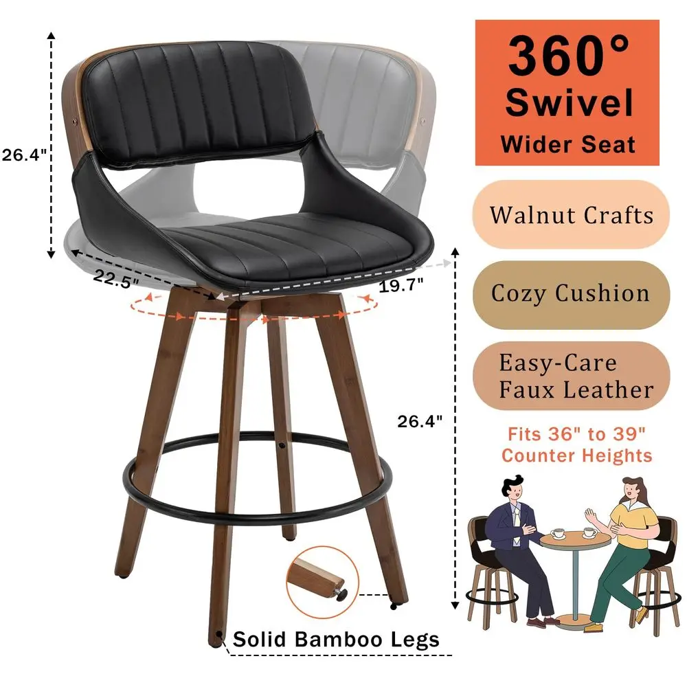 

of 4 Mid Century Counter Stools 26.4 inch Swivel CounterStools with Upholstered Faux Leather, Walnut Crafts, Bamboo Legs, Kitch