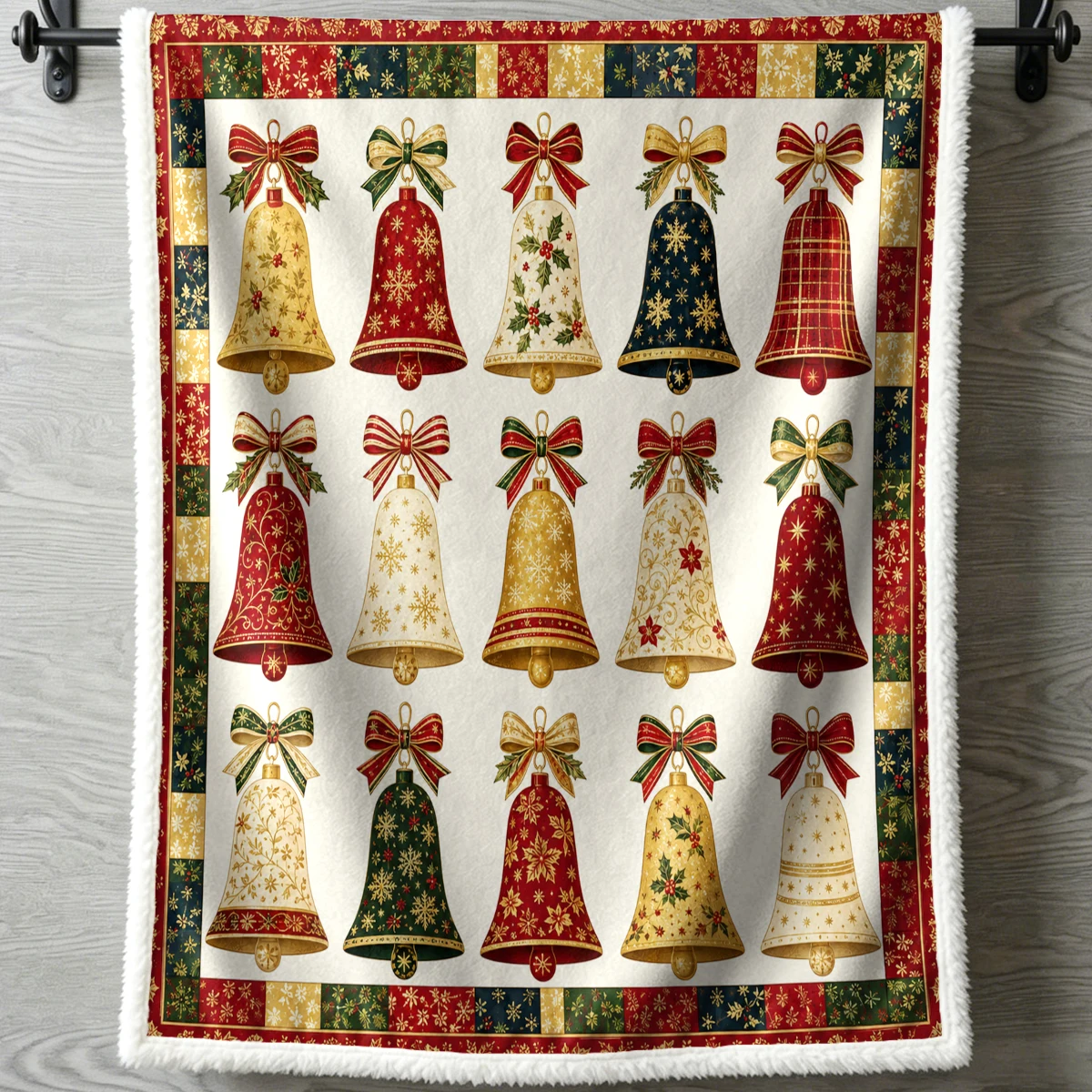 Vintage Bells Sherpa Throw Blanket Warm Christmas Assorted Plaid Cat Silhouette Cowboy Boot Patchwork Sofa Decor Holiday Gift