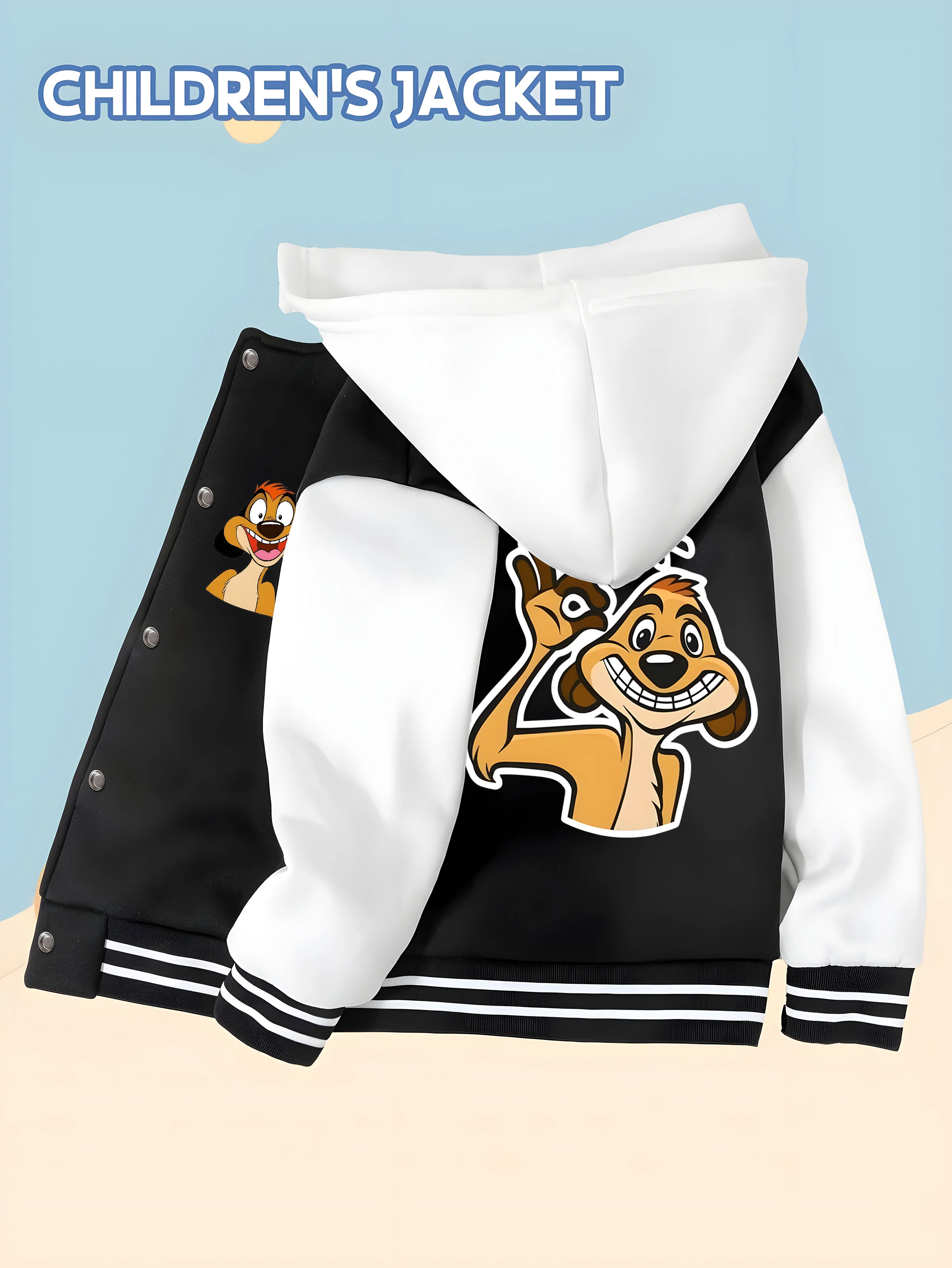 

MINISO Disney The Lion King Timon "OK" themed kids' baseball jacket for boys - double-sided Timon print, perfect for school wear