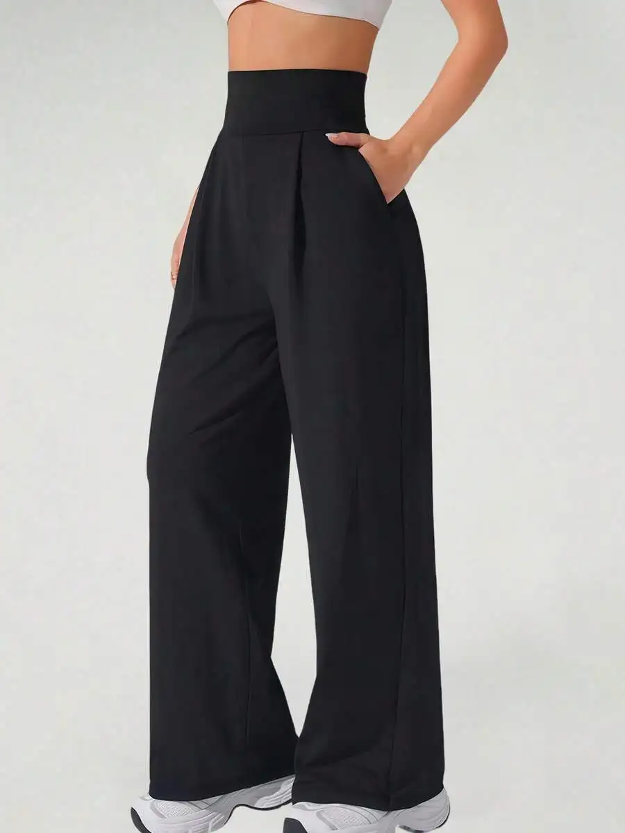 

Women High Waist Loose Wide Leg Sports Pants With Pockets Casual Solid Color