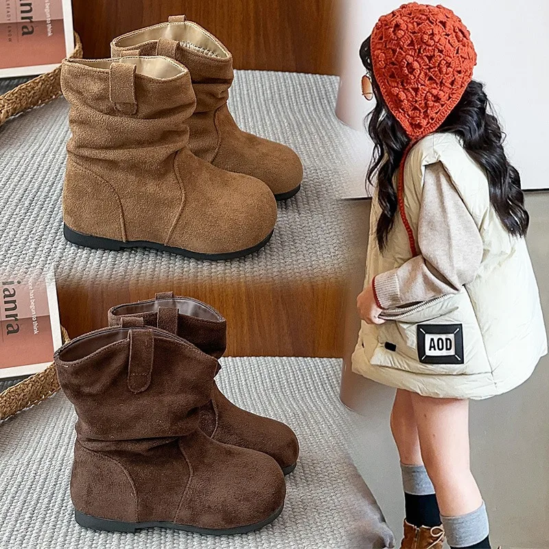 

Children Short Boots Versatile Korean Style Kids Leather Boots Round Toes 2025 Autumn Winter New Boots Retro Soft