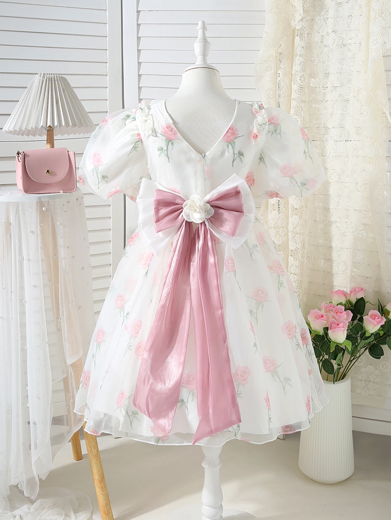 Summer New Girls\' Floral Bubble Sleeves Stylish Back Bow Princess Dress Dress