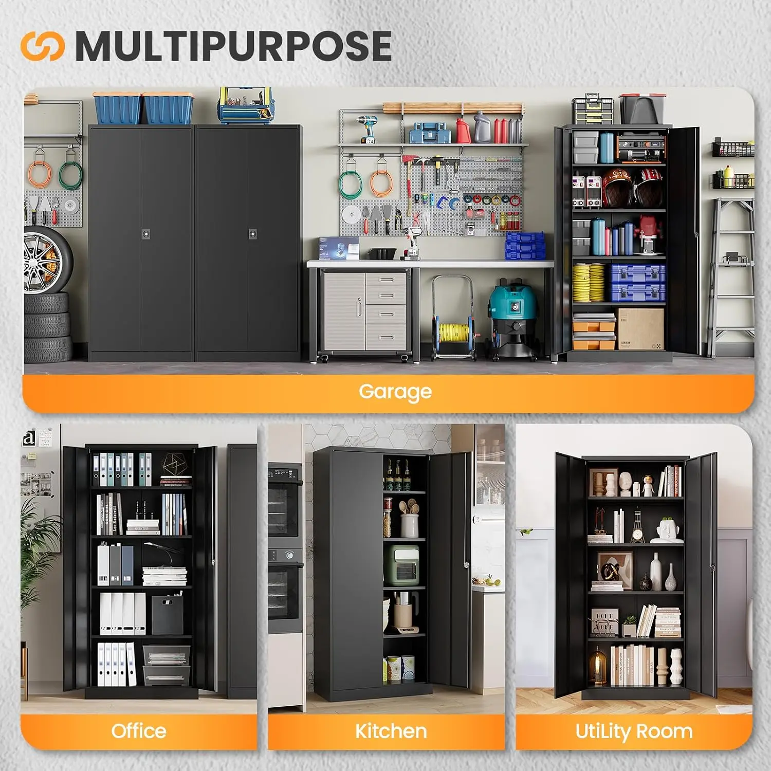 Metal Garage Storage Cabinet With Lock, Tall Rolling Tool Cabinet With Two Doors And Four Adjustable Shelves, Lockable Heavy Duty Steel Organizer Utility Locker For Home Office Warehouse, Black view 5