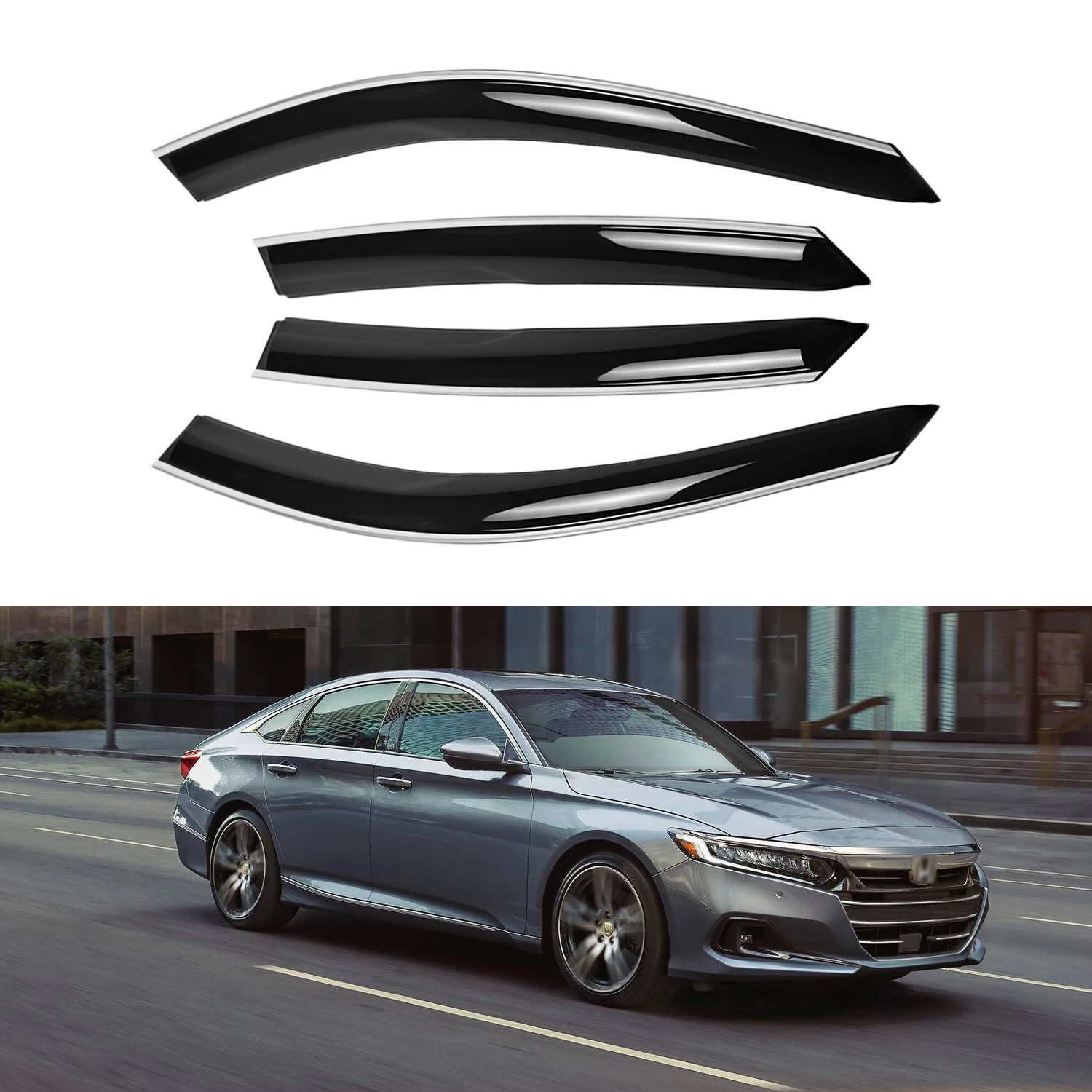 

For Honda Accord 4-Door Sedan 2018-2022 Chrome Trim Smoked Window Deflectors 4pcs Set Outside Mount Rain Guards with Drainage Channel 1.5MM Thickness