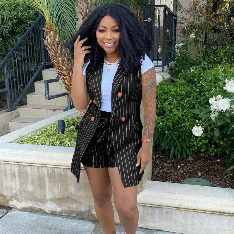 

KEXU Casual Chic Striped Women's Set Elegant Sleeveless Blazer Tops and Shorts Suit Two Piece Set Office Lady Female Outfit