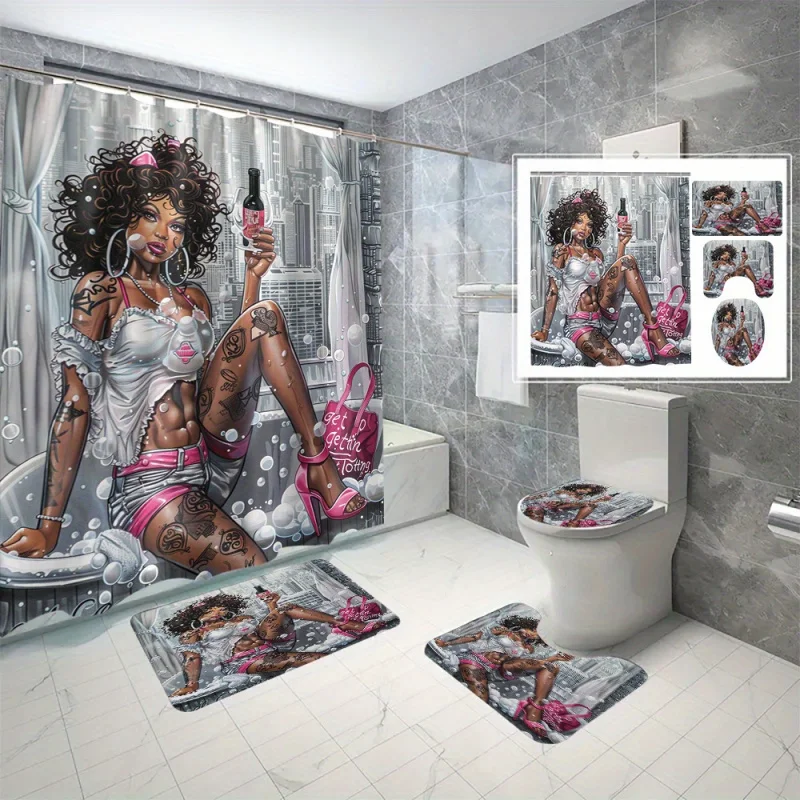 4pcs/ Bathroom Decor Set, 3D Digital Print Shower Curtain With African-American Girl Motif, Waterproof, Includes Non-Slip Bat