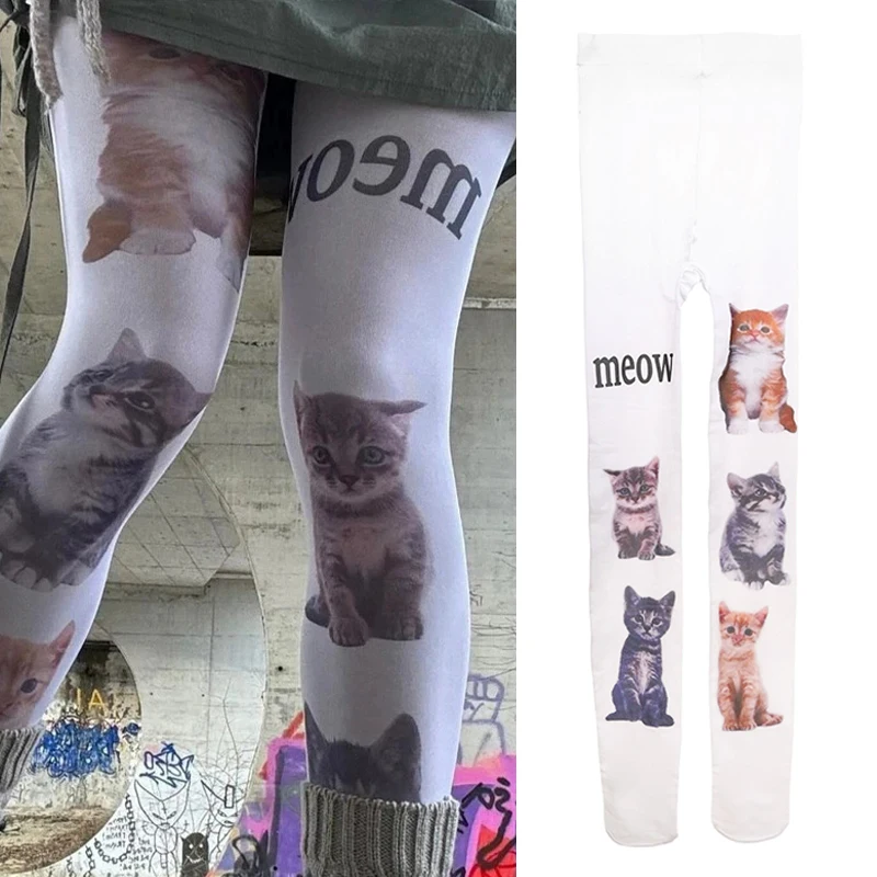 Sweet Cool Jk Cat Print Stocking Korean Ins Style Thigh High Tight Breathable Cotton Pantyhose Adjustable School Uniform Legging
