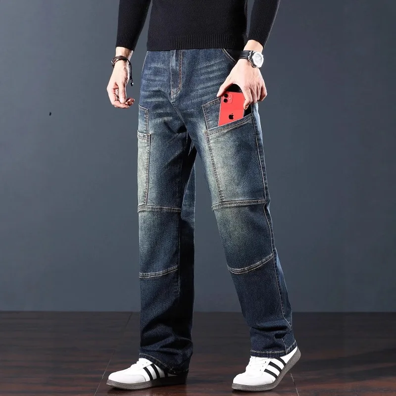 

Ностальгические джинсы для стиральной воды, ностальгические джинсы с несколькими карманами, мужские эластичные джинсы большого размера, прямые тонкие размеры 28-36, мужская одежда